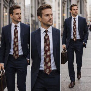 Vintage Patrick James Italian Silk Tie • Burgundy Medallion • Hand Made in Italy